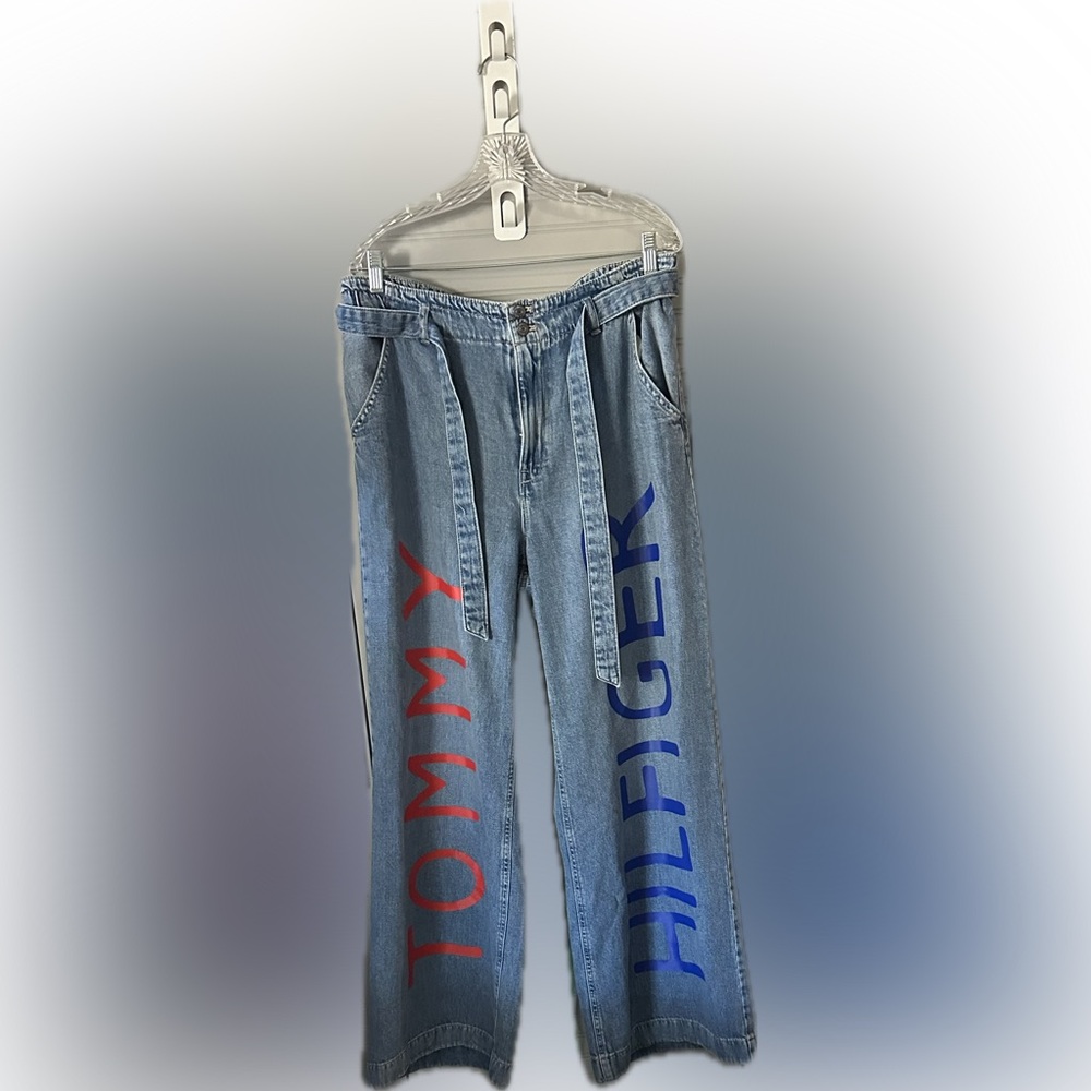 Tommy Hilfiger belted LOGO wide leg high wasted jeans sz 12 Rare